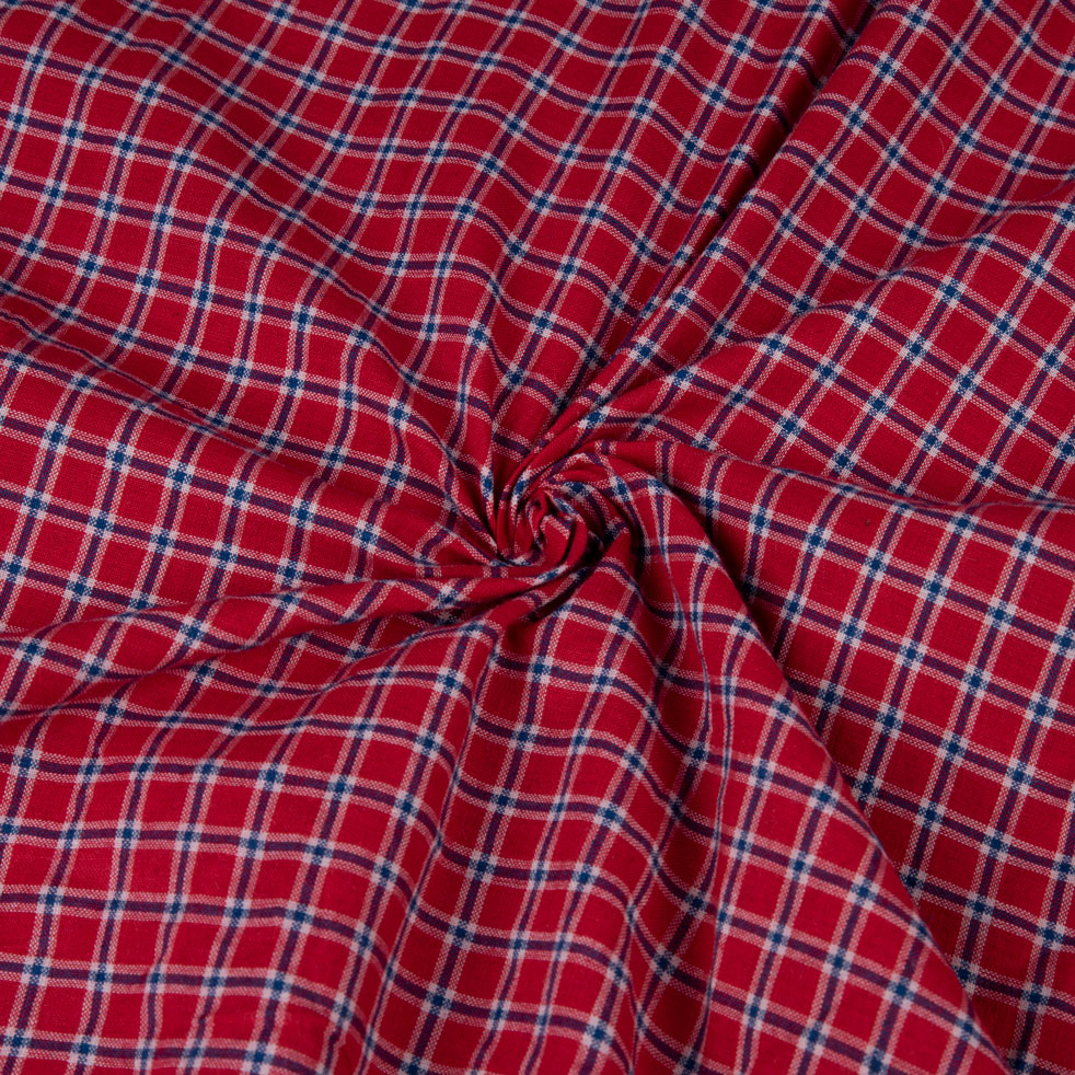 Check Red Blue Pure Cotton 86 GSM Handwoven Fabric 203
