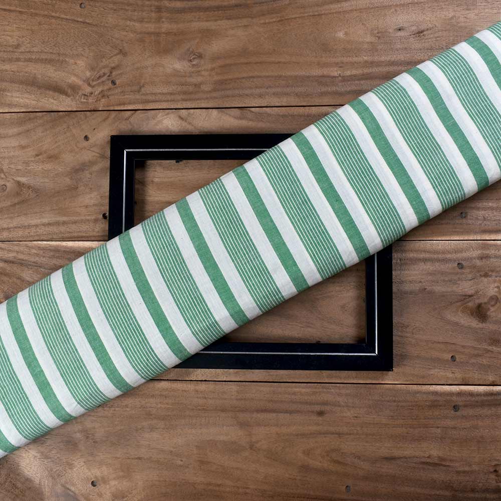 Stripe Green & White Pure Cotton 90 GSM Handwoven Fabric