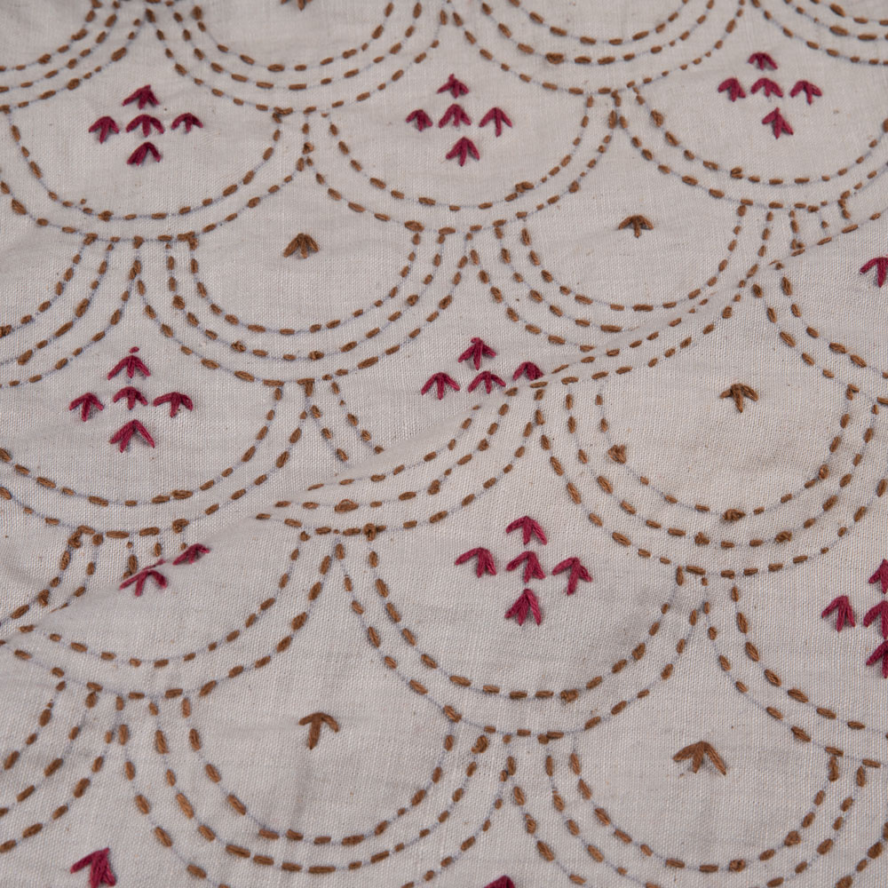 SCALLOP CREAM KANTHA EMBROIDERED KHADI COTTON 165 GSM HANDWOVEN FABRIC