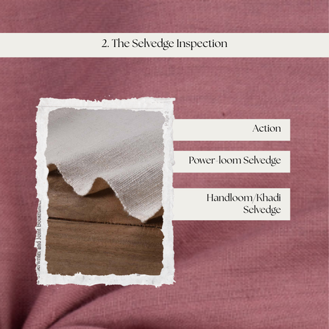 Uneven handloom selvedge edge of khadi cotton fabric indicating manual weaving process