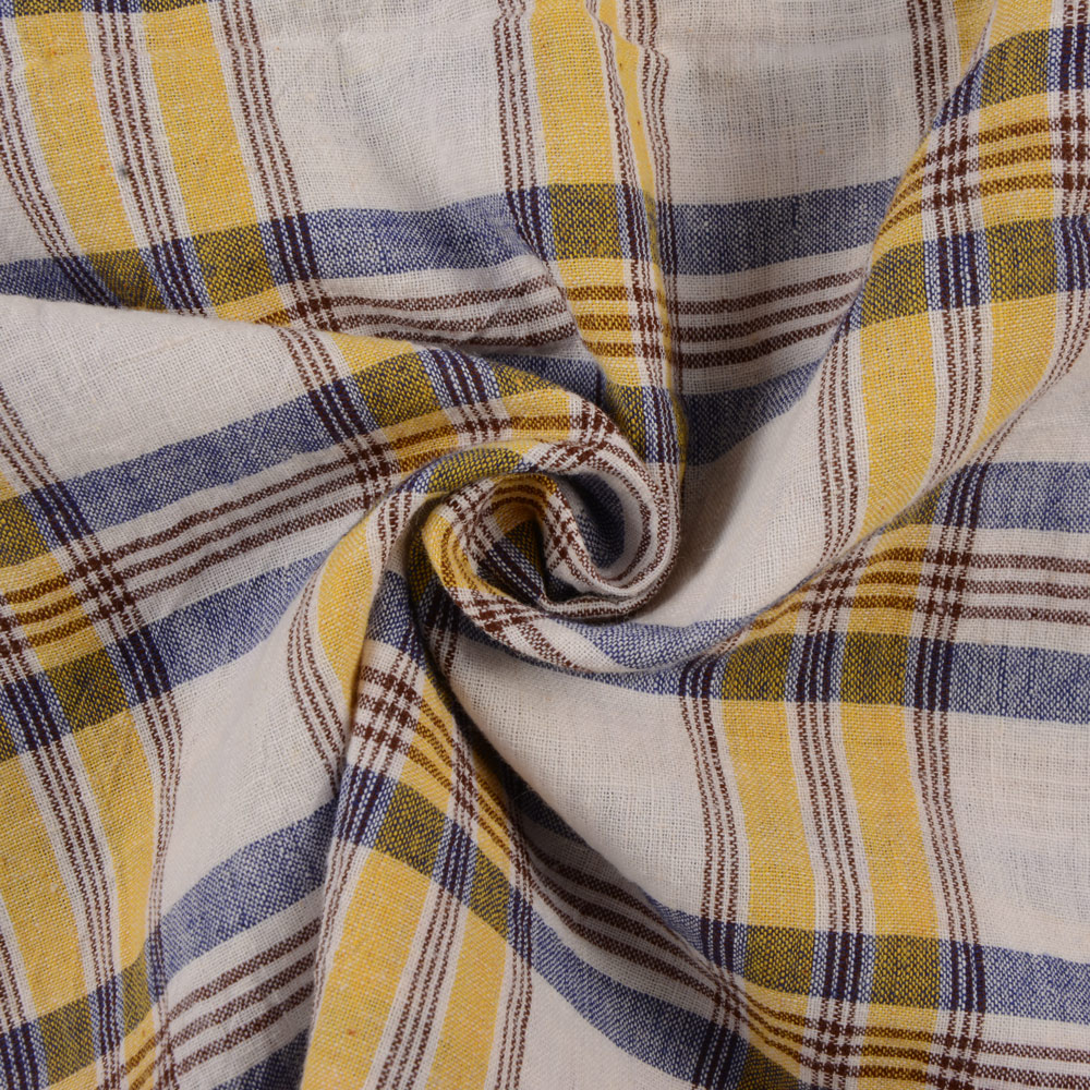 Check Blue Yellow Pure Cotton 98 GSM Handwoven Fabric