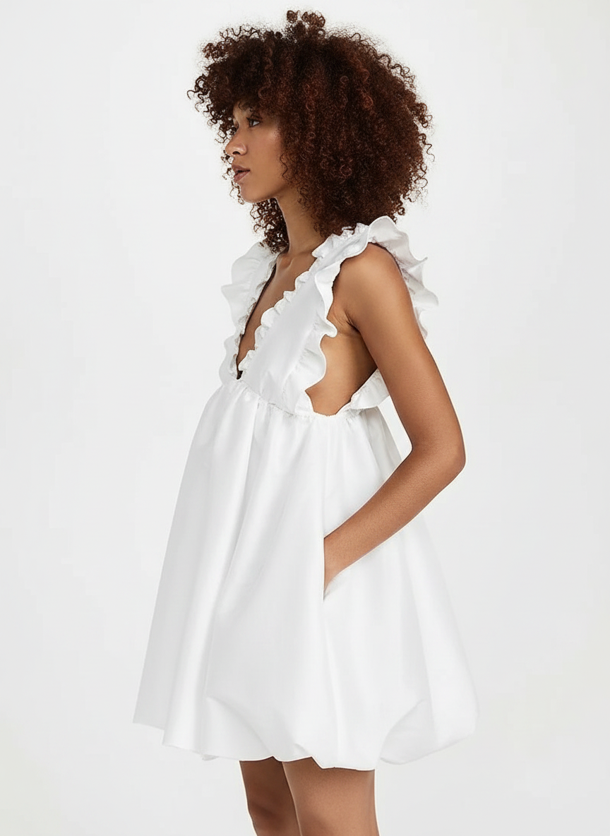 Deep V Front & Back Ruffled Dress