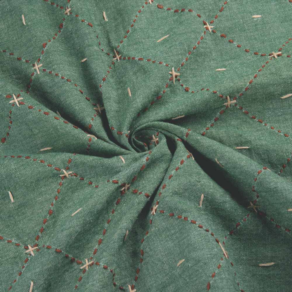 Check Green Kantha Embroidered Pure Cotton 153 GSM Handwoven Fabric