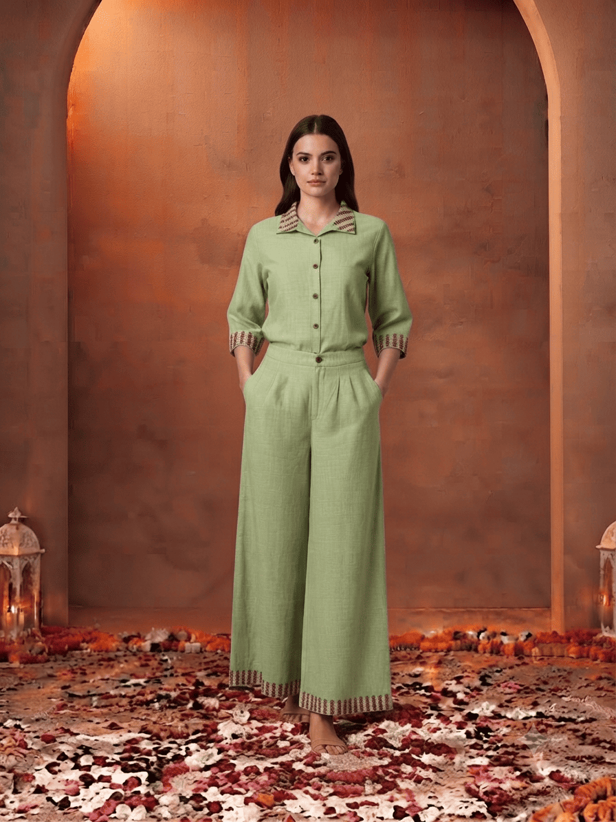 Embroidery Shirt & Full Length Pants Co-ord Set