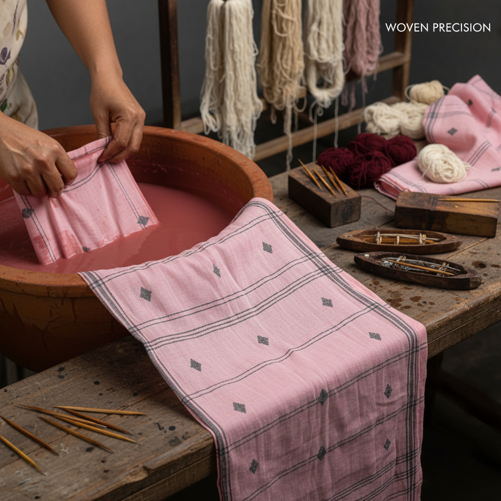 Artisan weaving jamdani fabric using discontinuous weft technique on a traditional handloom