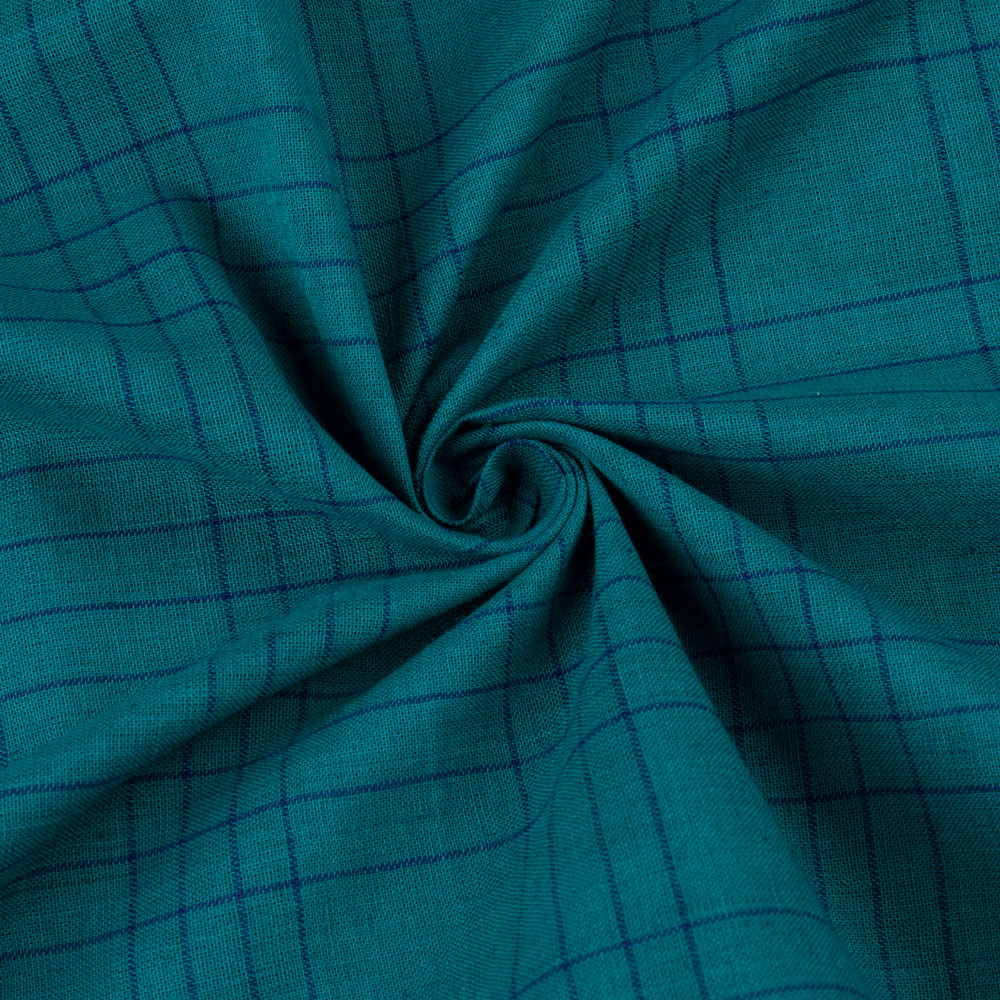 Check Teal Pure Cotton 95 GSM Handwoven Fabric