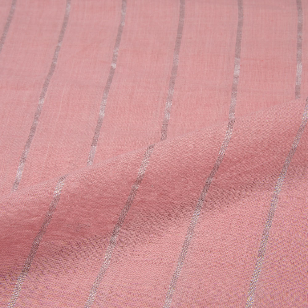 STRIPE ROSE PINK PURE COTTON & ZARI 65 GSM HANDWOVEN FABRIC