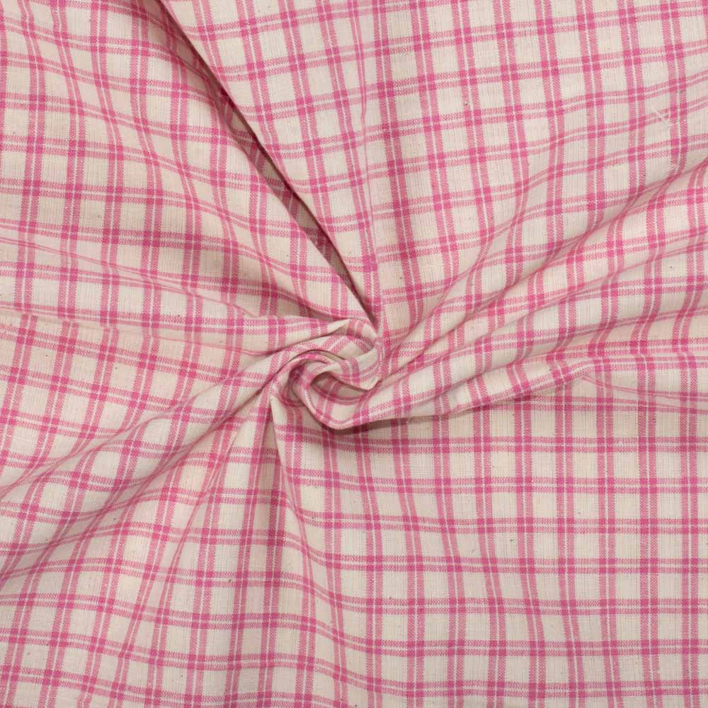 Check White and Pink Pure Cotton 100 GSM Handwoven Fabric