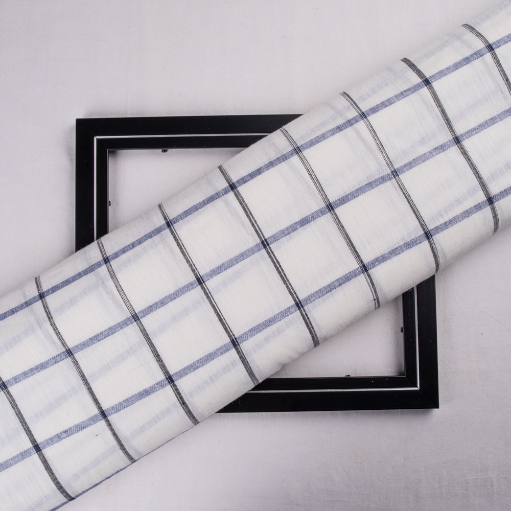 Check White Blue & Black Linen Cotton 121 GSM Handwoven Fabric