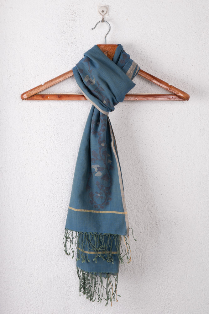 Floral Blue Jamdani Pure Cotton Handwoven Scarf
