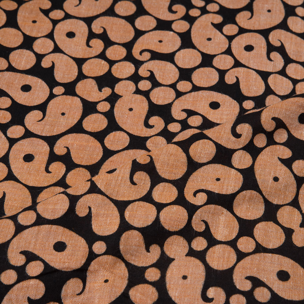 PAISLEY BROWN & BLACK SCREENPRINTED COTTON KHADI 80 GSM HANDWOVEN FABRIC