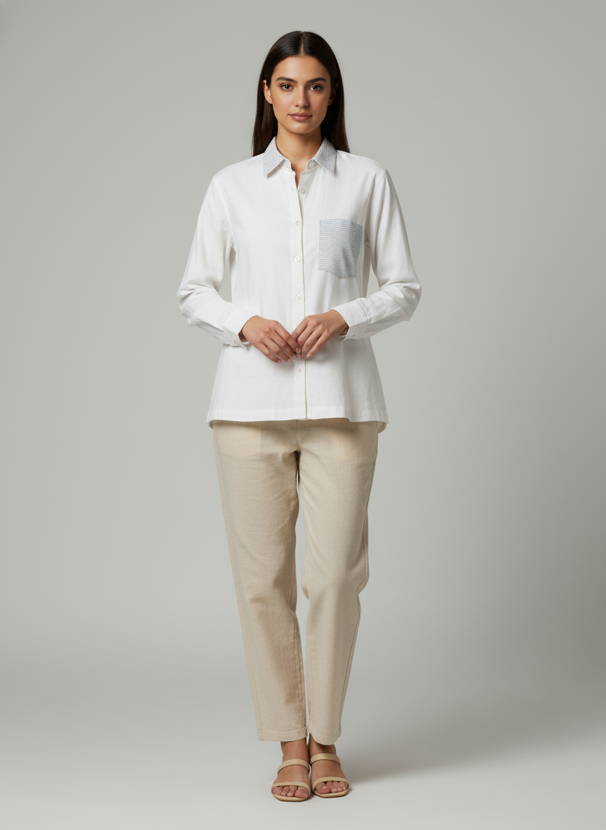 Kantha Embroidered Pocket and Long Collar Shirt