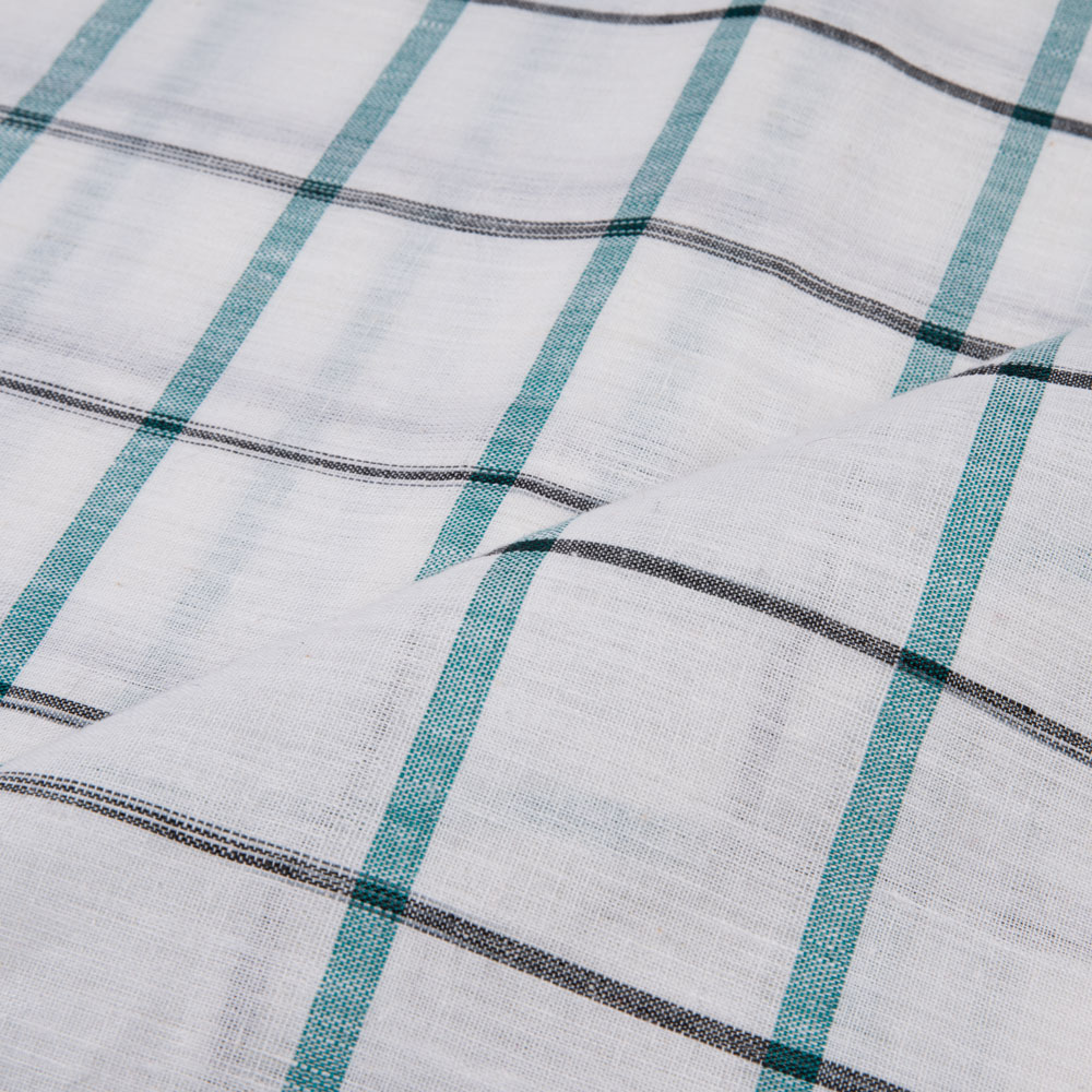 CHECK WHITE TEAL & BLACK LINEN COTTON 121 GSM HANDWOVEN FABRIC