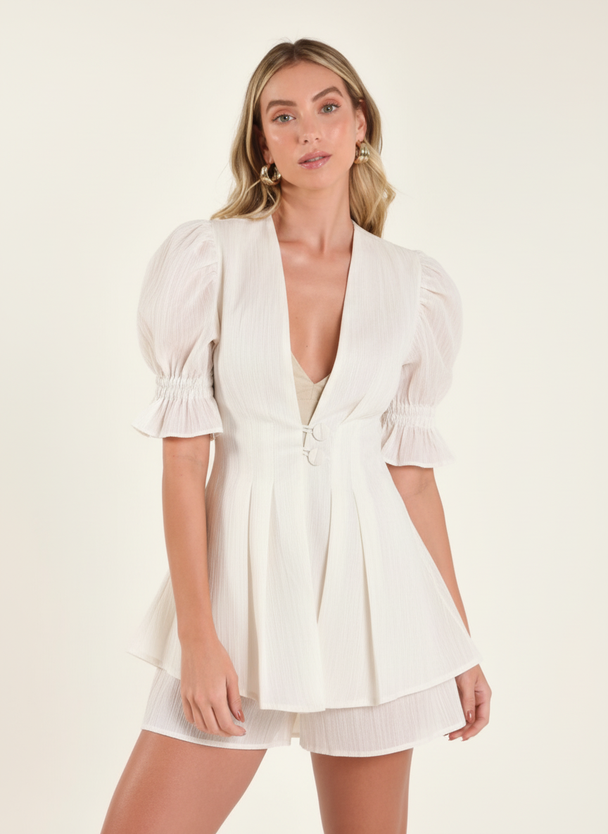 Gathered Sleeve Deep V Top & Shorts Co-ord Set