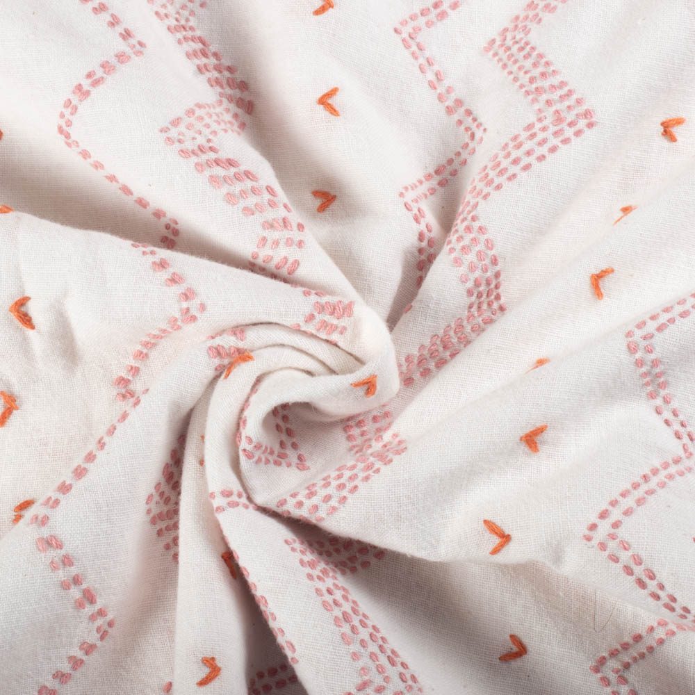 White Khadi Red Abstract Pattern 165 GSM Handwoven Kantha Fabric