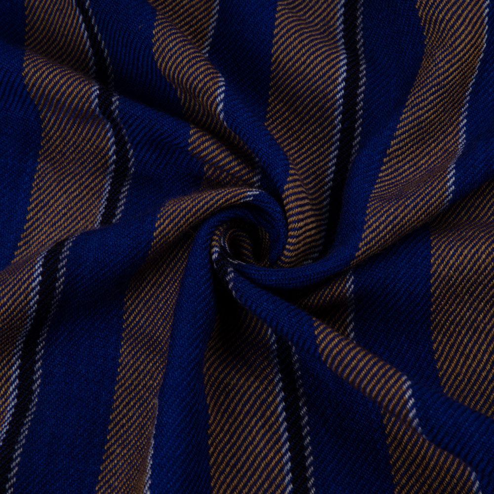 STRIPE BLUE BROWN PURE WOOL 230 GSM HANDWOVEN FABRIC