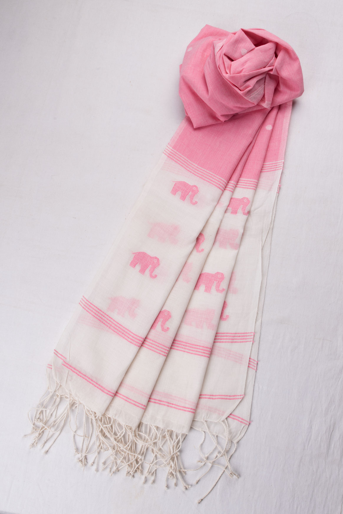 ELEPHANT WHITE & PINK JAMDANI HANDWOVEN COTTON SCARF