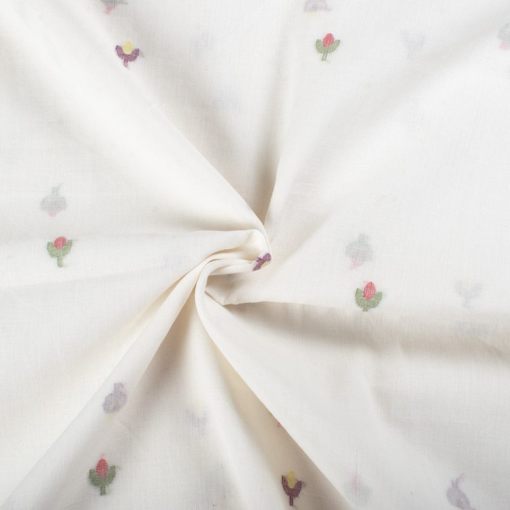 Plain White Base Pure Cotton 55 GSM Flower Motif Jamdani Fabric