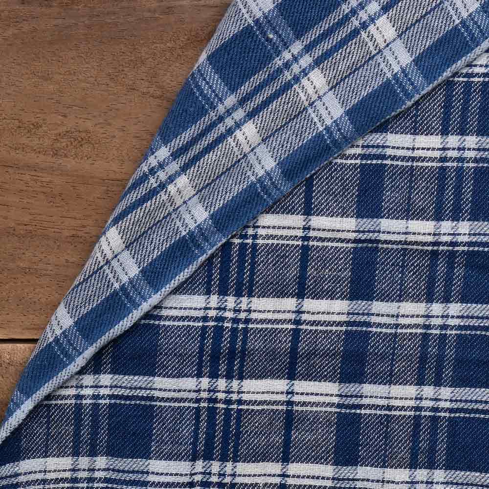 Check Reversible Satin Twill Blue Pure Cotton 100 GSM Handwoven Fabric 36