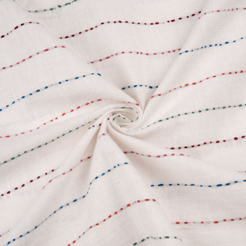 Stripe White Kantha Embroidered Pure Khadi Handspun & Handwoven 133 GSM Fabric