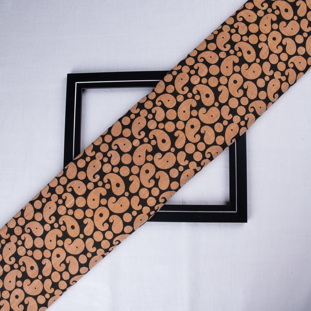 Paisley Brown & Black Screenprinted Cotton Khadi 80 GSM Handwoven Fabric