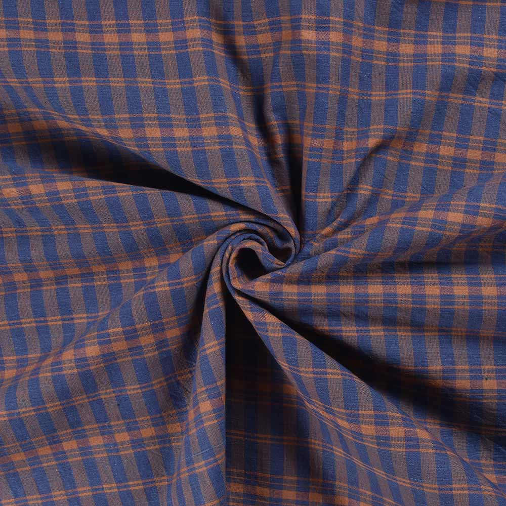 Check Blue & Brown Khadi Cotton 112 GSM Handwoven Fabric