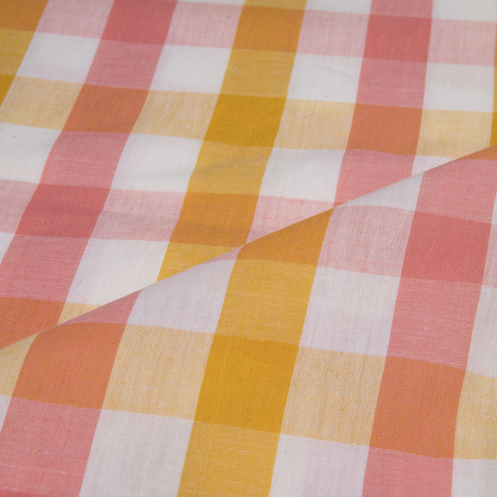 CHECK ORANGE & PINK PURE COTTON 92 GSM HANDWOVEN FABRIC