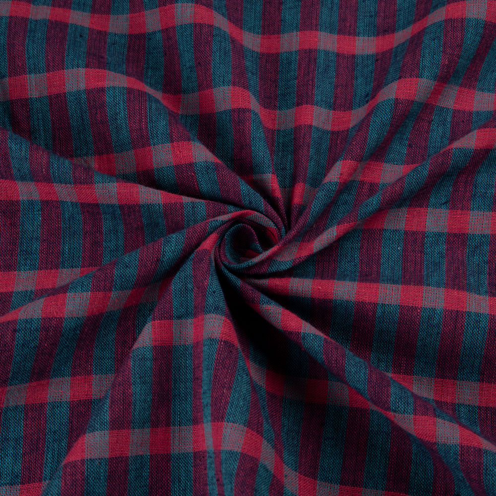 Check Teal & Red Pure Cotton 93 GSM Handwoven Fabric
