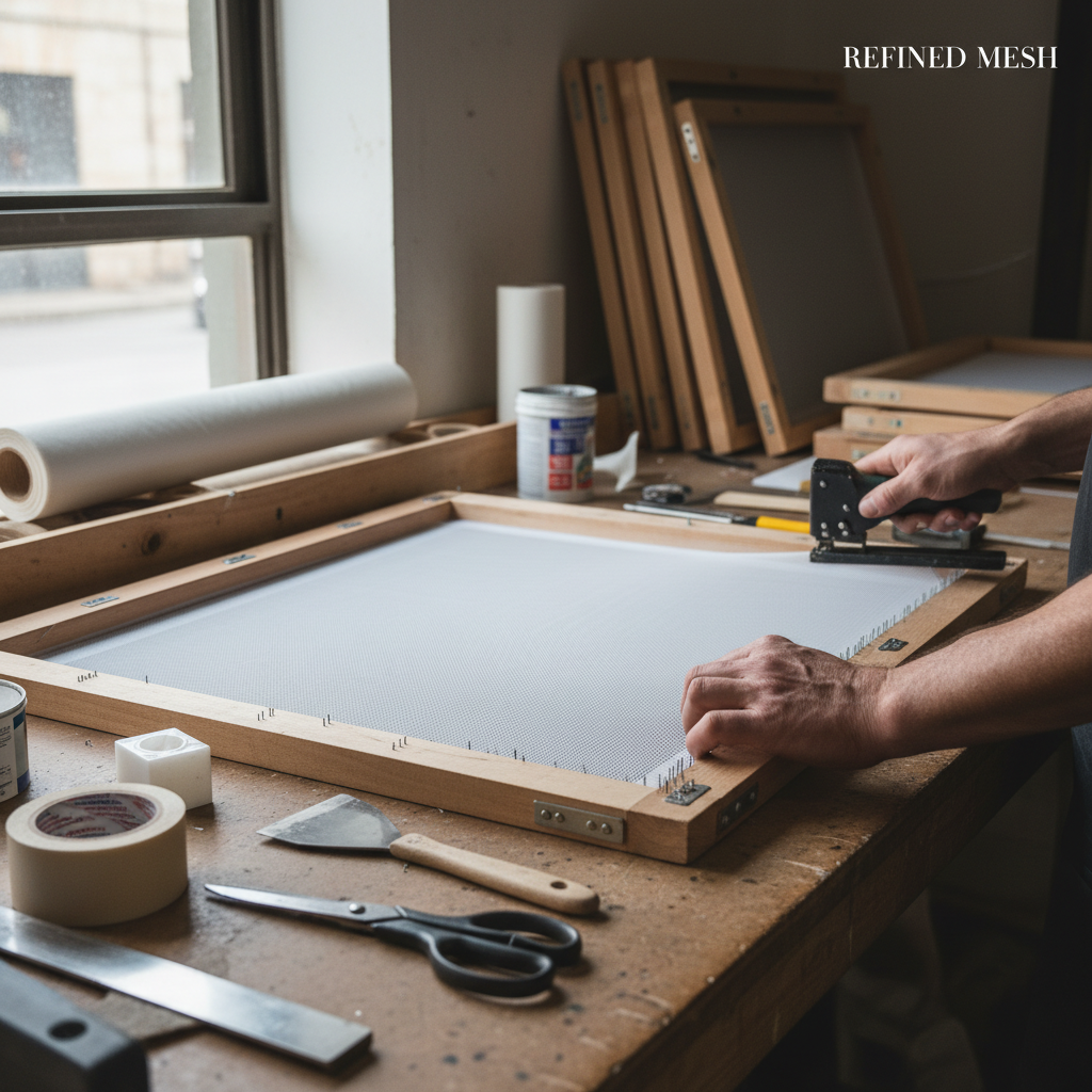 Wooden screen frame with fine mesh stretched for manual fabric screen printing