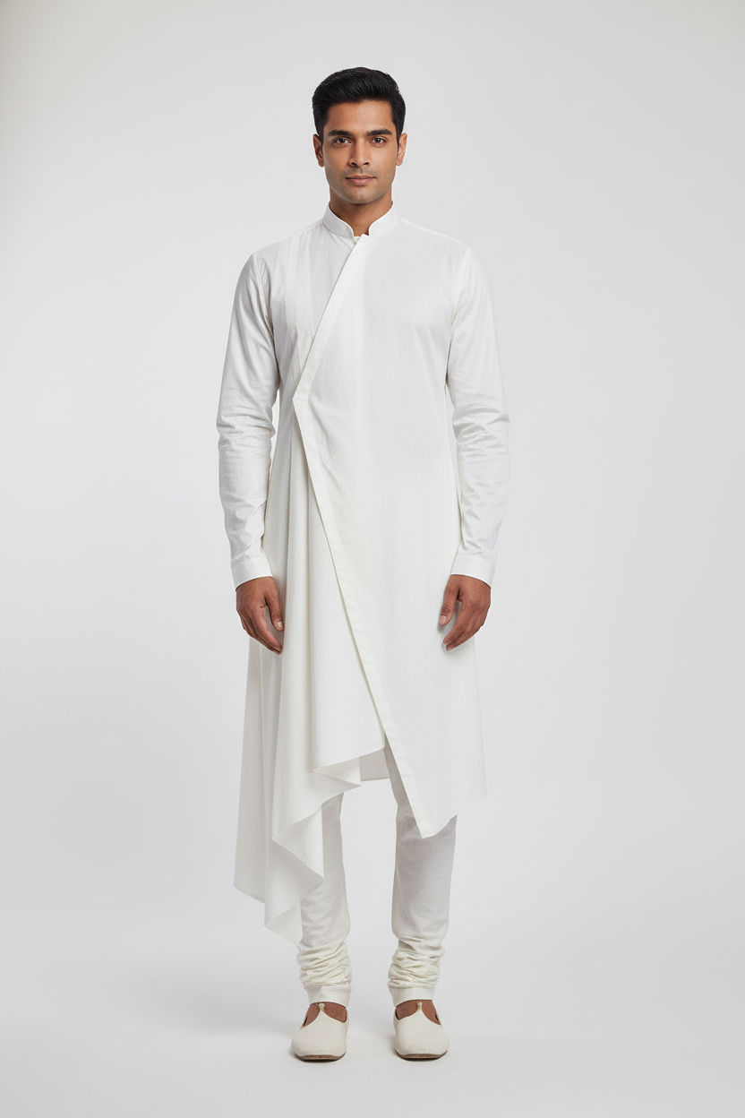 Asymmetric Front Drape Men's Kurta | Solid White