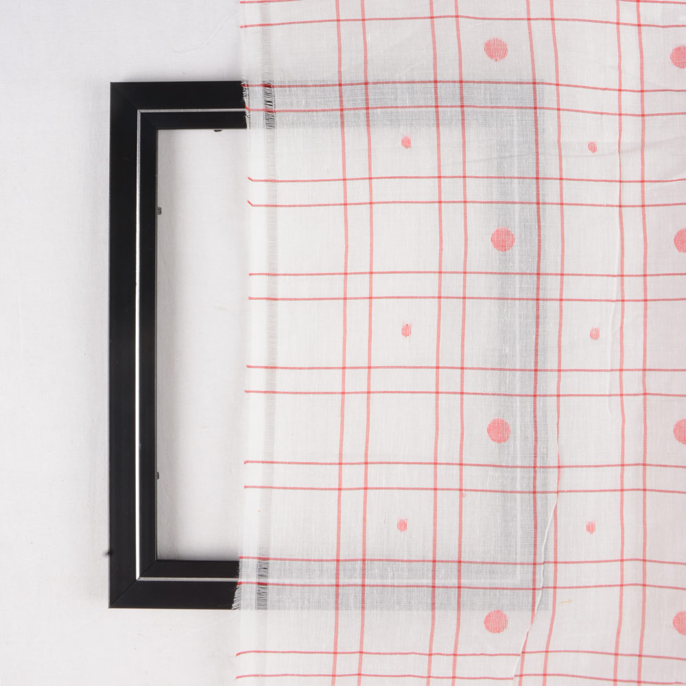 CHECK RED & WHITE JAMDANI PURE HANDWOVEN COTTON 55 GSM FABRIC