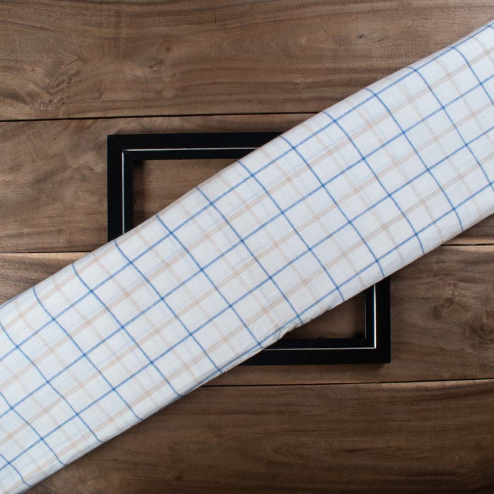 Check White Blue Brown Pure Cotton 100 GSM Handwoven Fabric