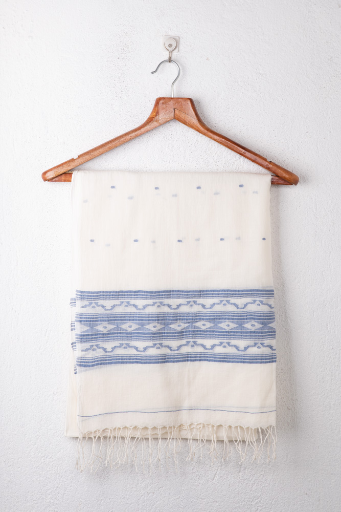 Geometric White Jamdani Handwoven Pure Cotton Scarf 125