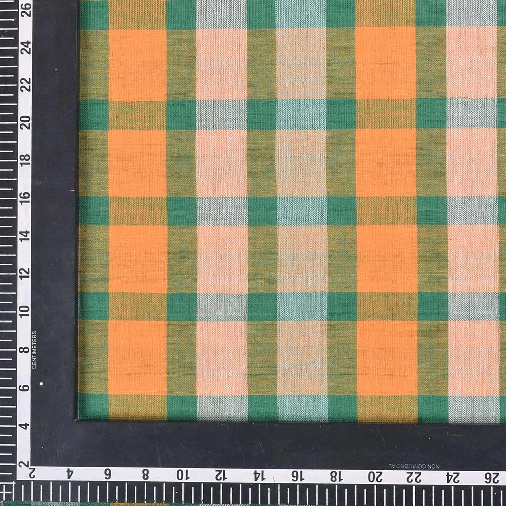 CHECK ORANGE & GREEN PURE COTTON 96 GSM HANDWOVEN FABRIC