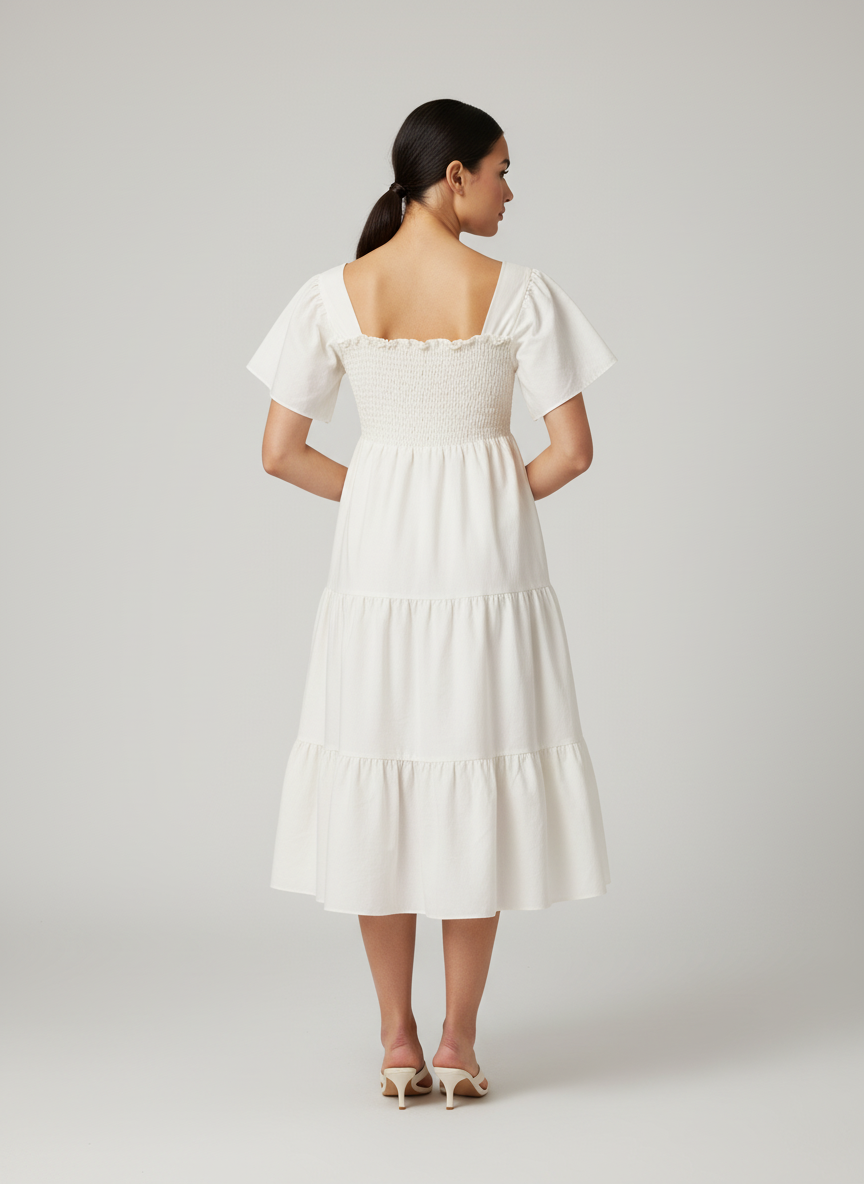 Three Tiered Smoky Dress-Flounce Sleeves-Full Length