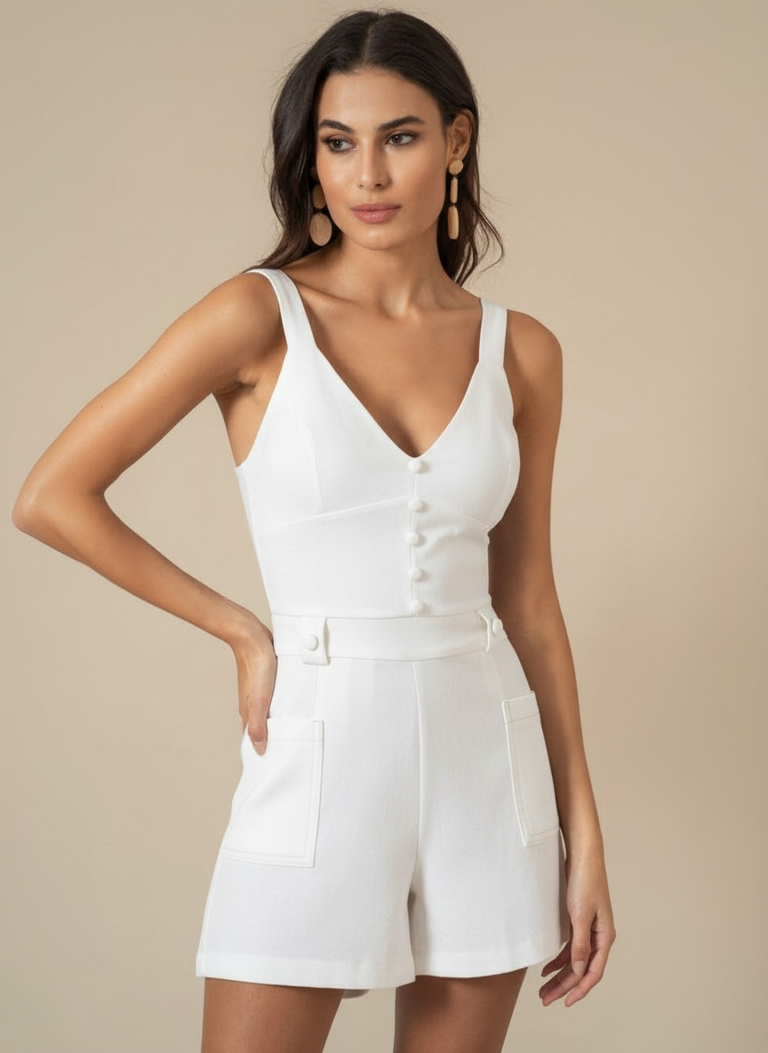 Deep V Neck Buttoned Elegant Romper