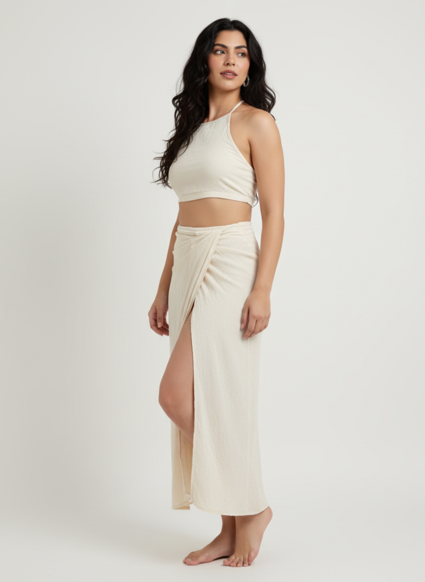 Tie Up Top & Skirt With Slit Co-ord Set