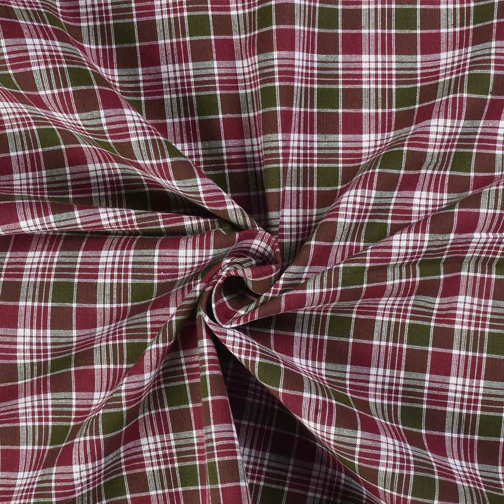 Check Maroon & Olive Pure Cotton 98 GSM Handwoven Fabric