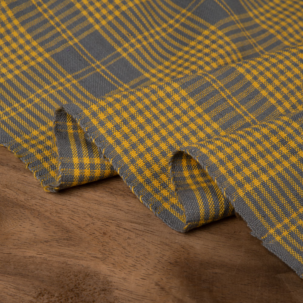 Check Yellow & Grey Pure Khadi 184 GSM Handspun & Handwoven Fabric
