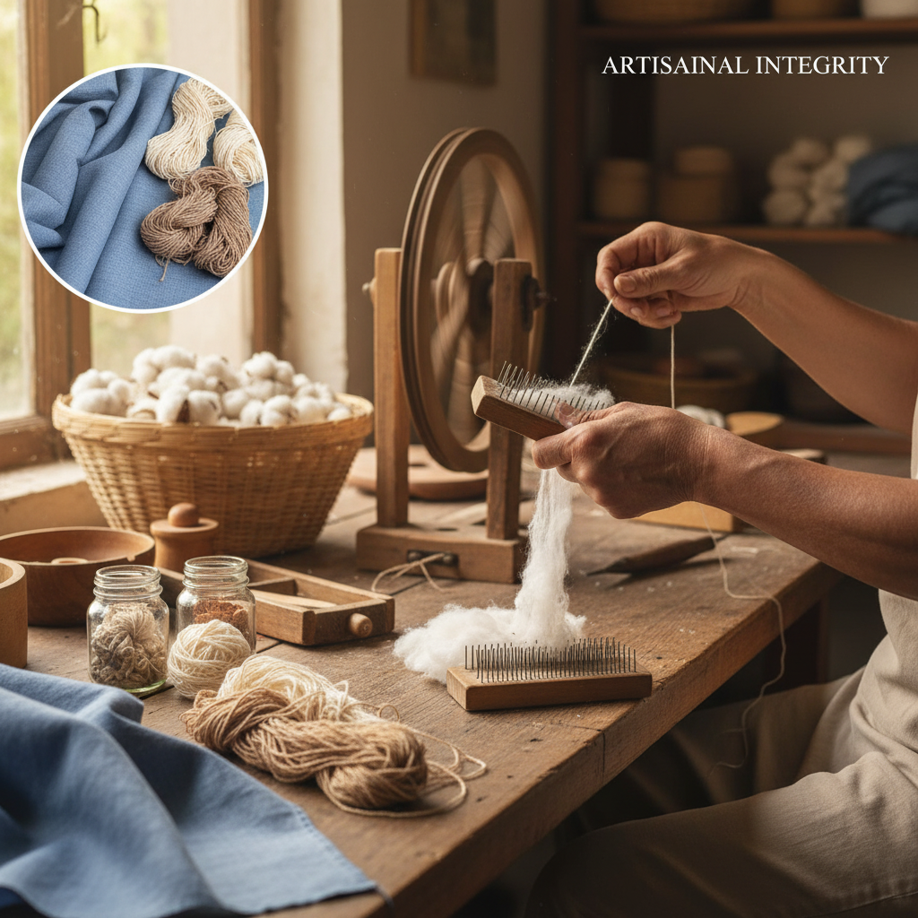 Artisan spinning cotton yarn on a traditional charkha wheel used in khadi production