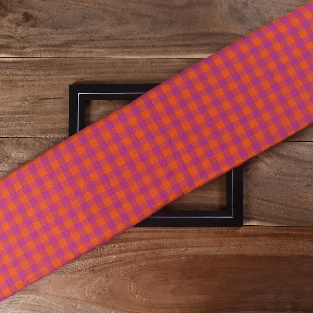 Check Pink & Orange Pure Cotton 100 GSM Handwoven Fabric