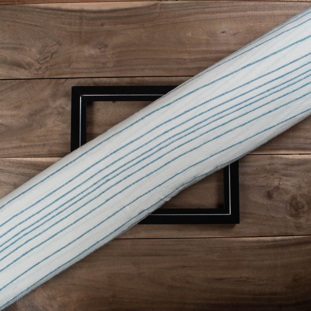 Khesh Recycled White & Teal Green Stripe Pure Cotton 160 GSM Handwoven Fabric