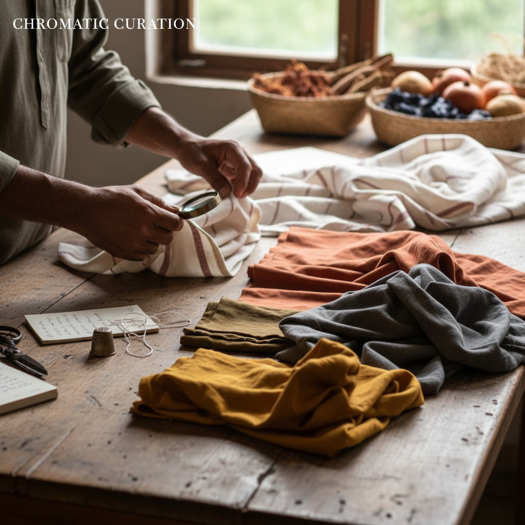 Workers sorting cotton fabric scraps by colour and material for recycling
