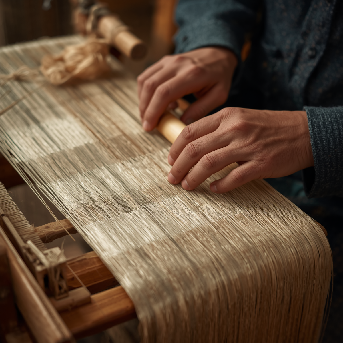 Hands holding handwoven Silk-Bamboo fabric outdoors