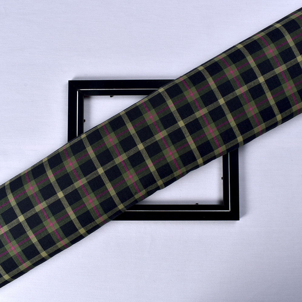 Check Navy Green Pink Pure Cotton 105 GSM Handwoven Fabric