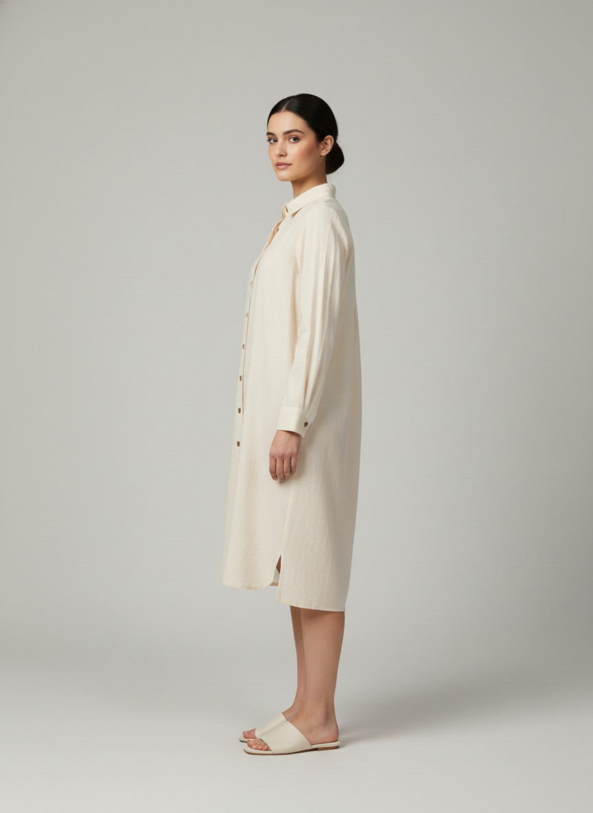 Shirt Dress With Spread Collar-Regular Long Sleeves-Knee Length- Side Slit