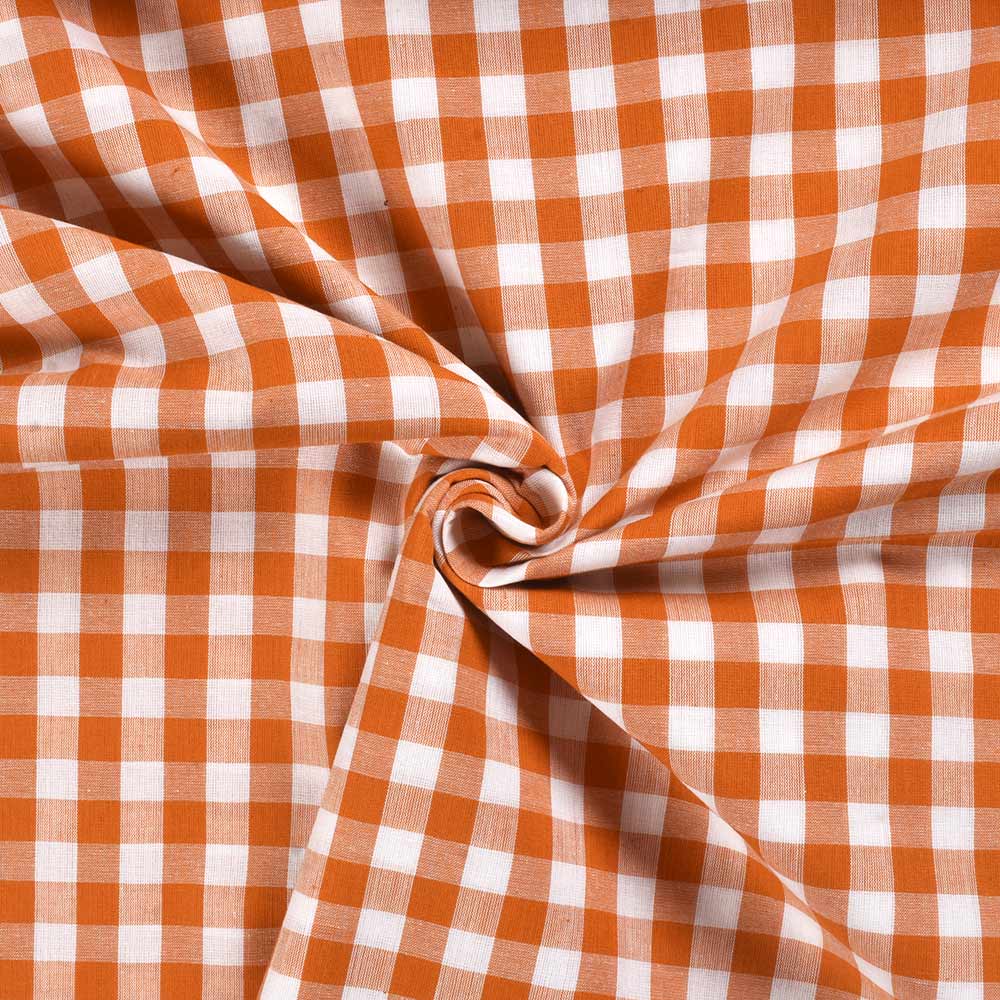 Check Orange & White Pure Cotton 93 GSM Handwoven Fabric