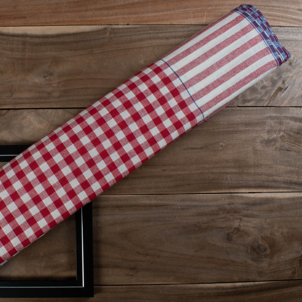 Check Red & White Pure Cotton 100 GSM Handwoven Fabric