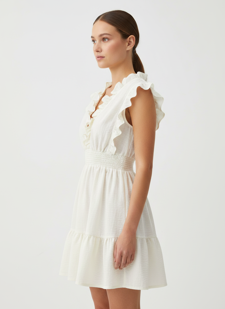 Ruffled Deep V Neck Gathered Dress