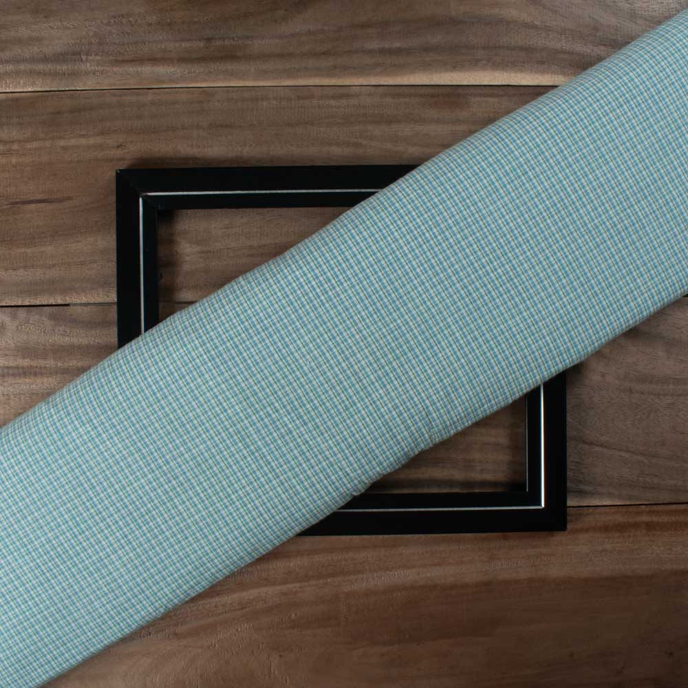 Check Sky Green & White Pure Cotton 100 GSM Handwoven Fabric